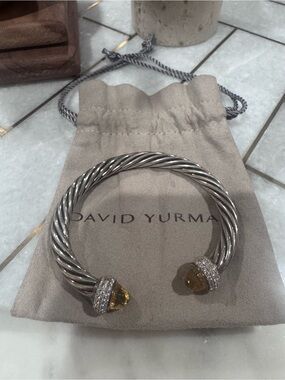 David Yurman Silver Cable Bracelet with Citrine and Diamond Caps